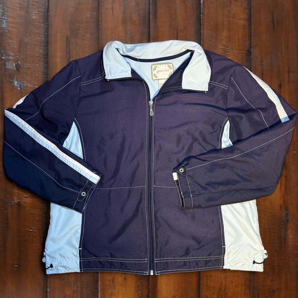 Green‎ Tea Y2K Windbreaker Jacket Women's XL Navy Blue Zip Up Lightweight